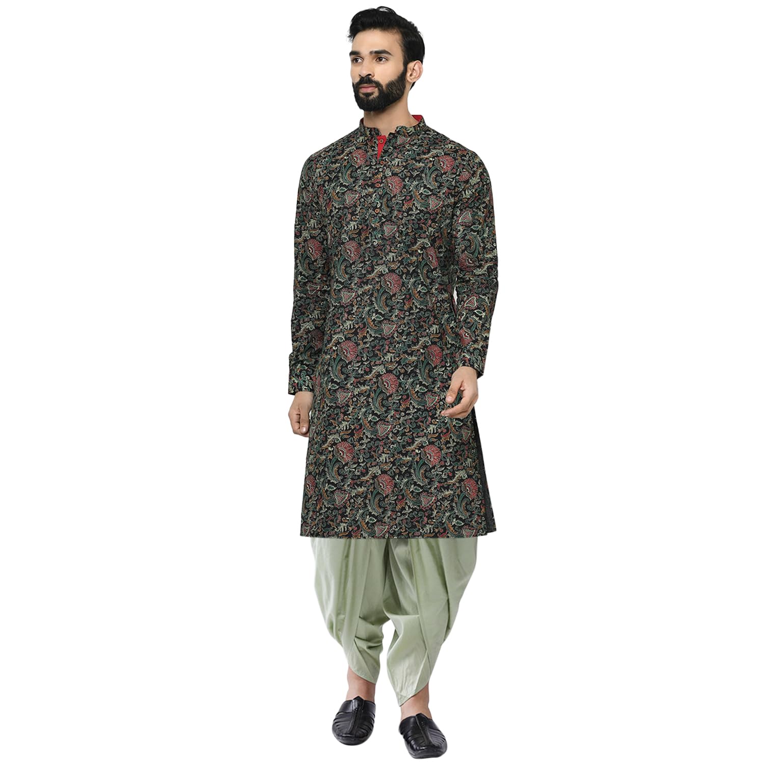 Kisah MenS Black Printed Cotton Kurta & Sage Green Dhoti Set  Ethnic Indian Wear For Weddings, Festivals & Everyday Comfort