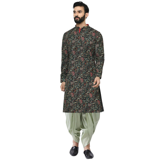 Kisah MenS Black Printed Cotton Kurta & Sage Green Dhoti Set  Ethnic Indian Wear For Weddings, Festivals & Everyday Comfort