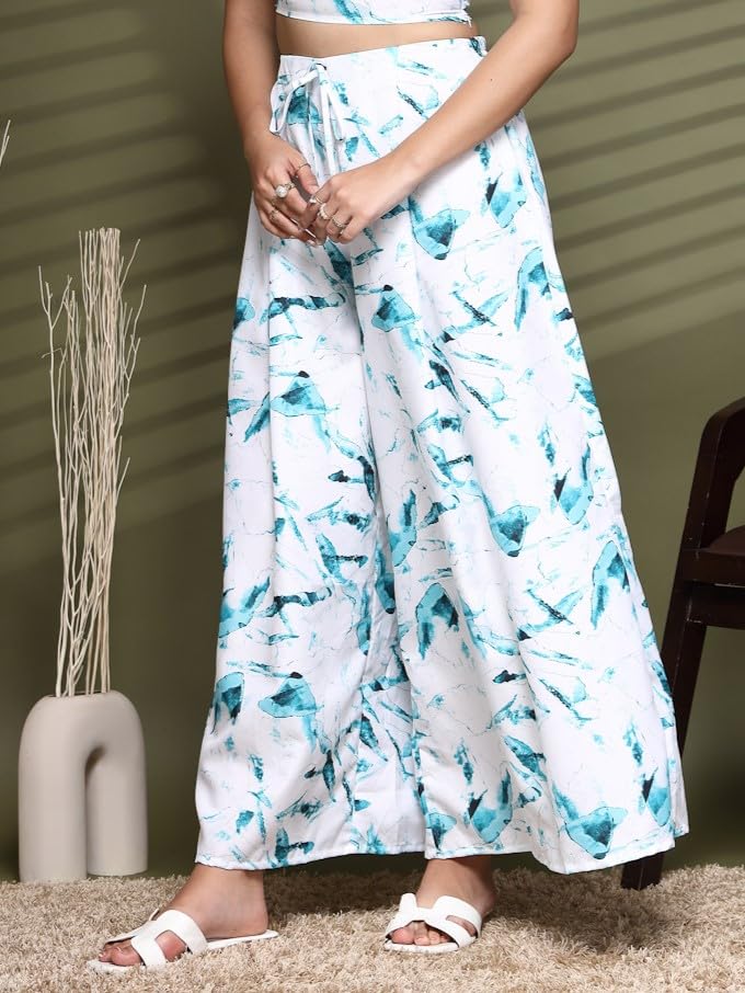 OOMPH! Women Crepe Flared Printed Palazzo Elasticated Waist Loose-fit & Regular, Casual Wear Aquamarine Blue