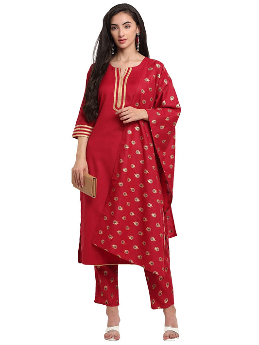ANNI DESIGNER Women's Cotton Straight Kurta with Pant & Dupatta (GOURI RED)