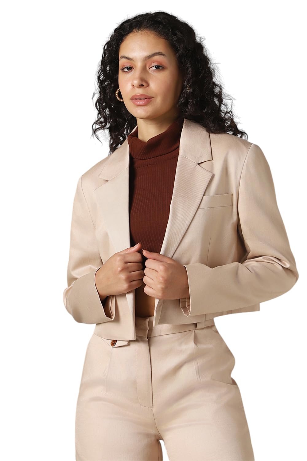 Hubberholme Women Solid Crop Length Oversized Notch Lapel Collar Full Sleeve Blazer Beige