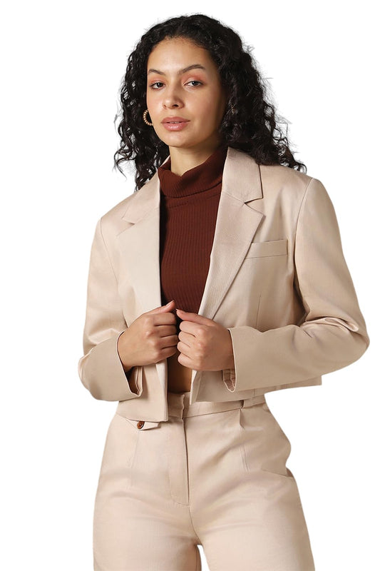 Hubberholme Women Solid Crop Length Oversized Notch Lapel Collar Full Sleeve Blazer Beige