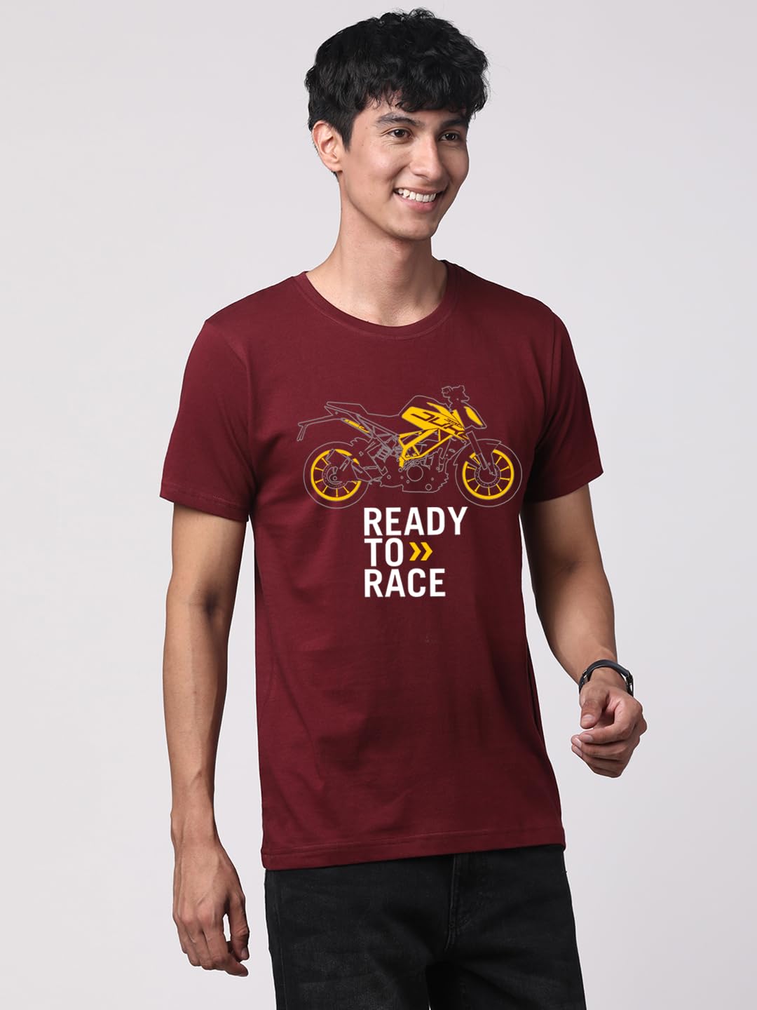 ADRO Men's Biker Design Printed 100% Cotton T-Shirt - Regular Fit, Printed T-Shirts for Men (RN24-KTM-MR_Maroon)