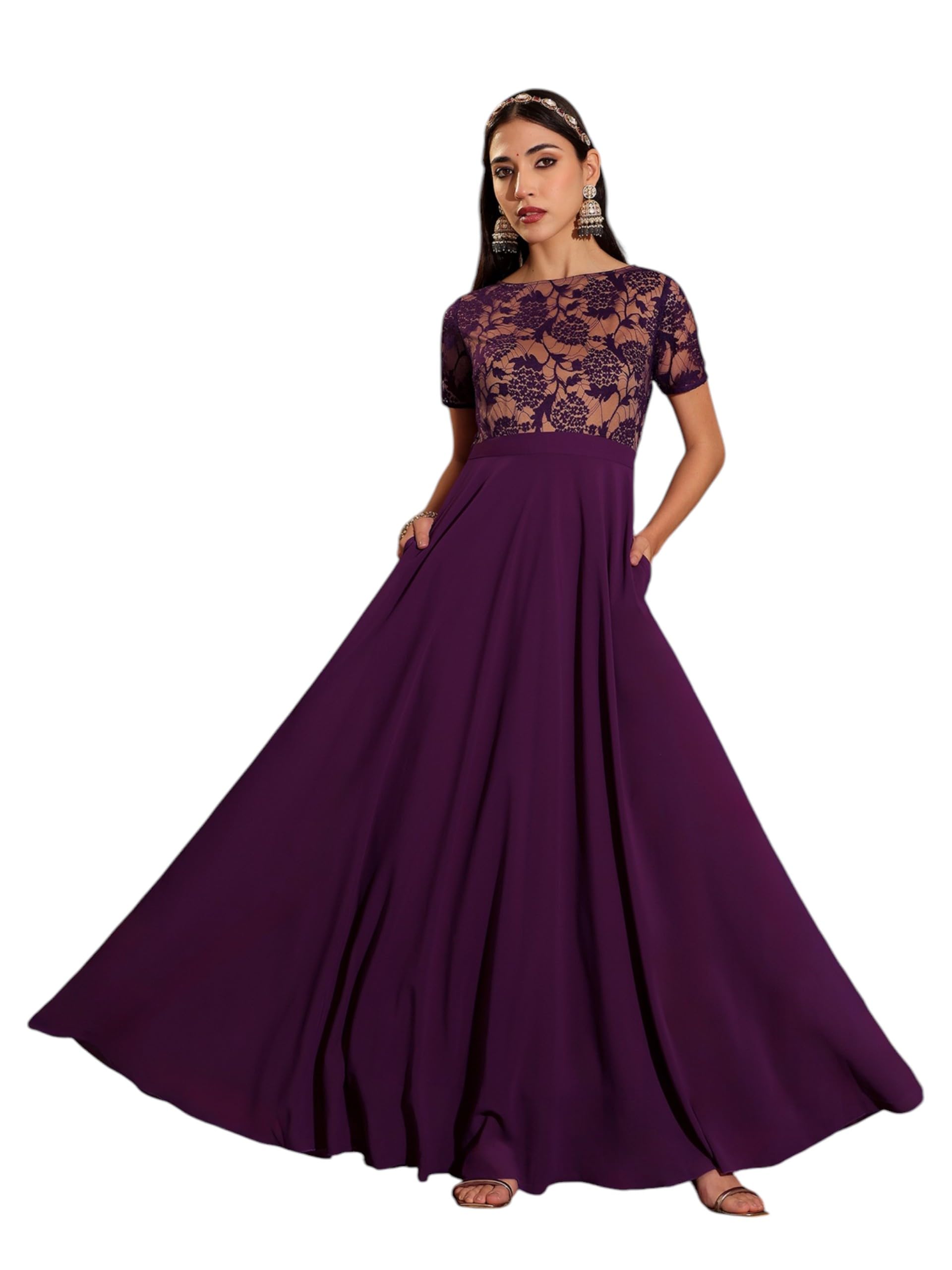 Miss Chase Womens Round Neck Half Sleeve Self Design Maxi Dress (MCSS25D92-34-289-07, Dark Purple, 2XL)