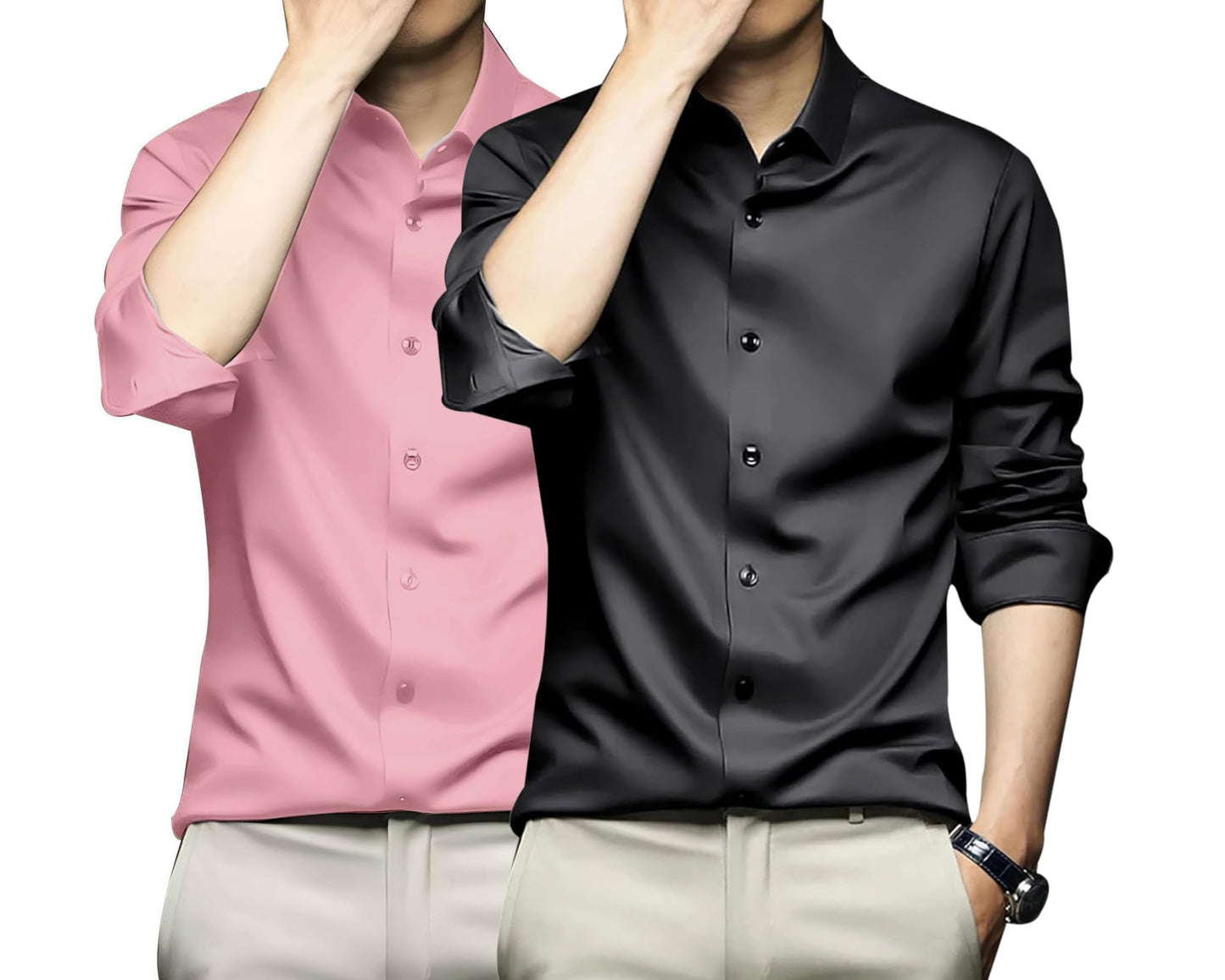 Deelmo Combo Of MenS Stylish Solid Satin Casual Shirt For Men Full Sleeves| Poly Satin Silk Shirt Pack Of 2 Light Pink-Black