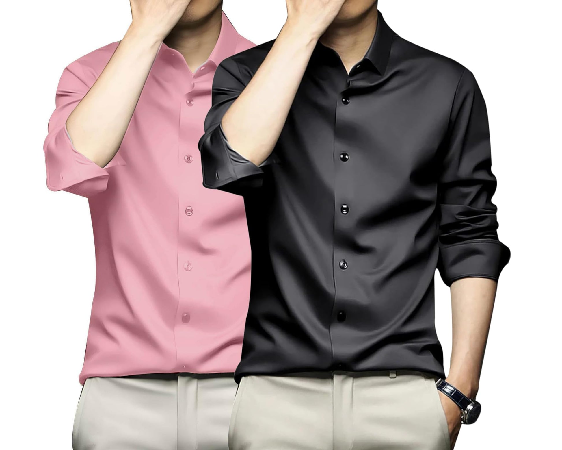 Deelmo Combo Of MenS Stylish Solid Satin Casual Shirt For Men Full Sleeves| Poly Satin Silk Shirt Pack Of 2 Light Pink-Black