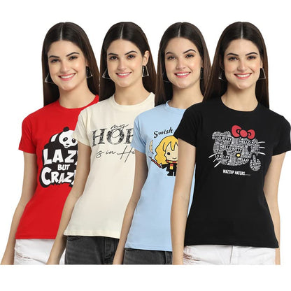 Preneum Womens Cotton Regular Fit Latest Graphic Stylish Printed Short Sleeves Casual T-Shirt || Trending & Style (Pack 4), Red