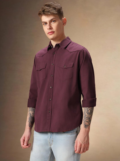 Dennis Lingo Solid Full Sleeves Spread Collar Cotton Relaxed Fit Men Casual Shirt Maroon