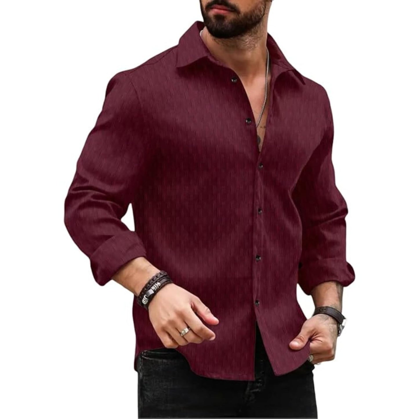Deelmo MenS Regular Fit Button Down Dress Shirts Textured Long Sleeve Casual Hawaiian Shirt Maroon