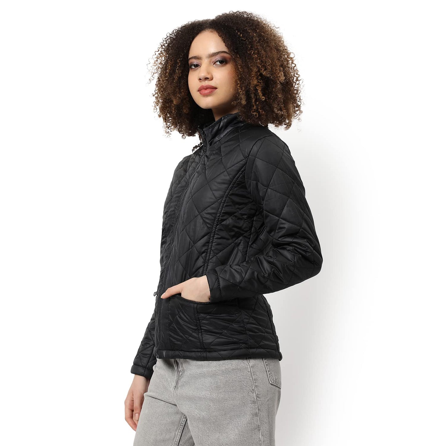 Campus Sutra Women Black Quilted Regular Fit Bomber Jacket For Winter Wear | Standing Collar | Full Sleeve | Zipper | Casual Jac