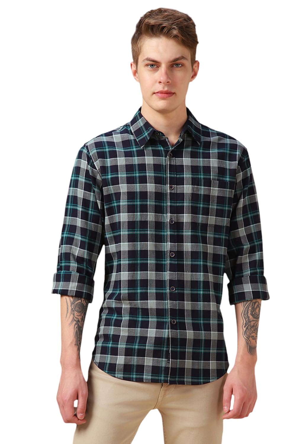 Dennis Lingo Men Blue Checks Cotton Relaxed Fit Full Sleeve Shirts