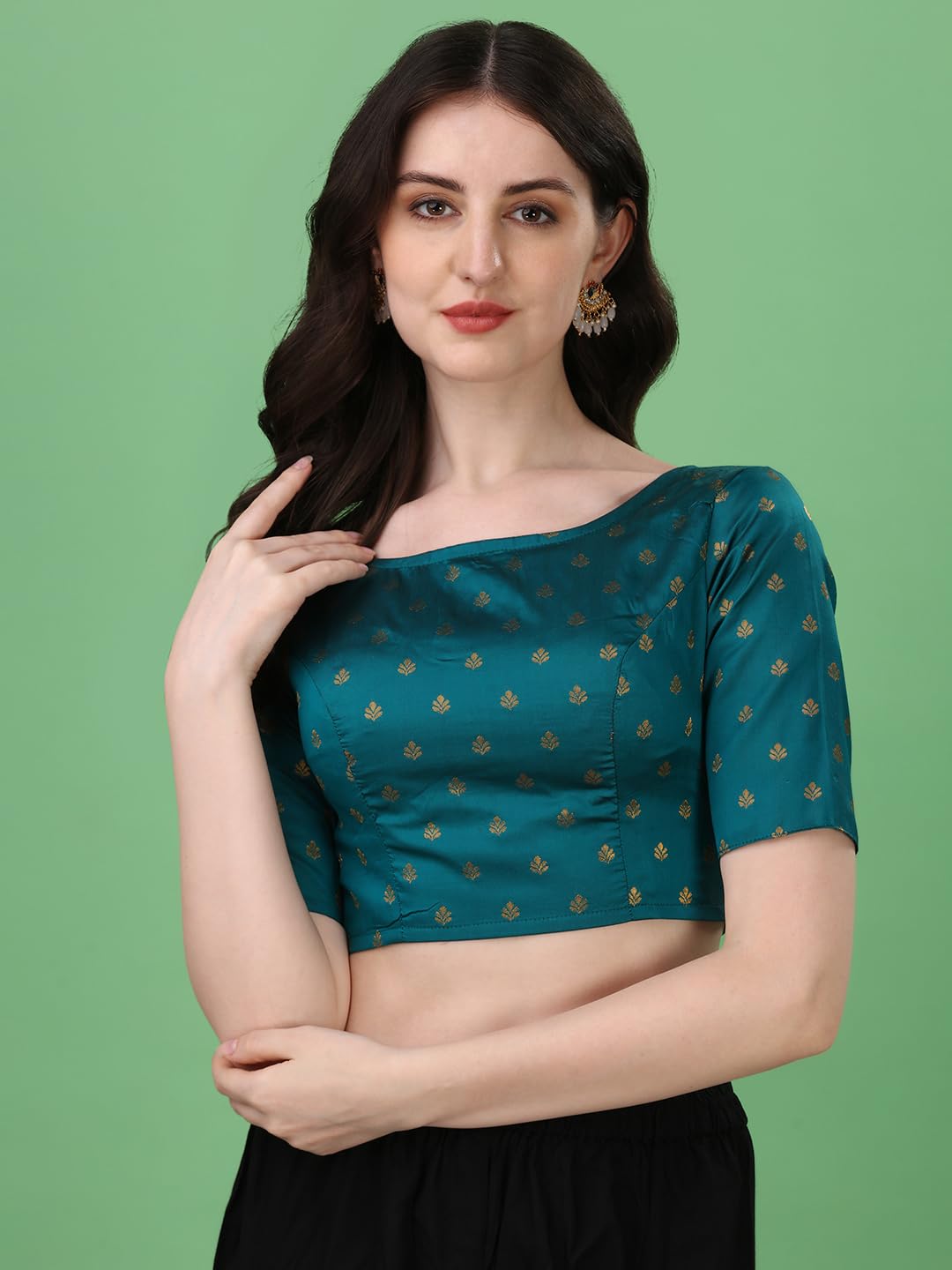 Oomph! Readymade Blouse For Women, Brocade, Blue, Boat Neck