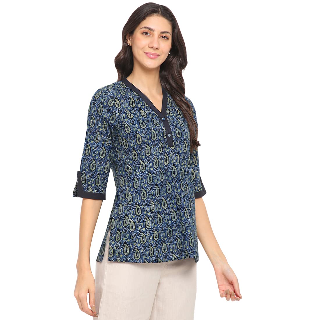 Fabindia Navy Blue Cotton Printed Short Kurta