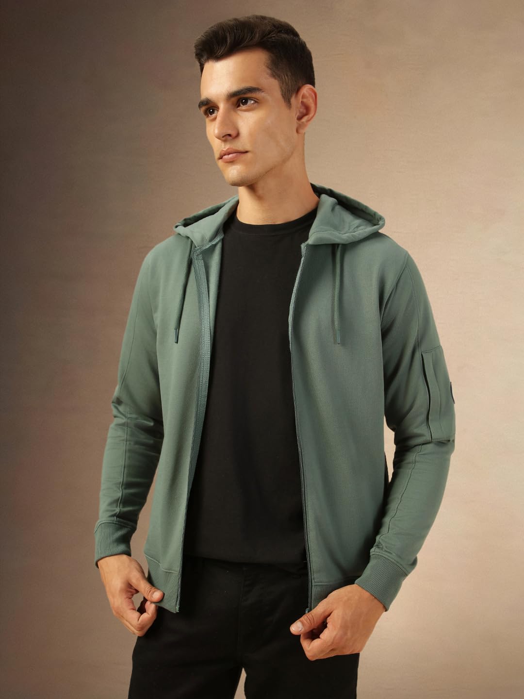 Dennis Lingo Men Regular Fit Cotton Solid Full Sleeves Hooded Front Open Sweatshirt Olive