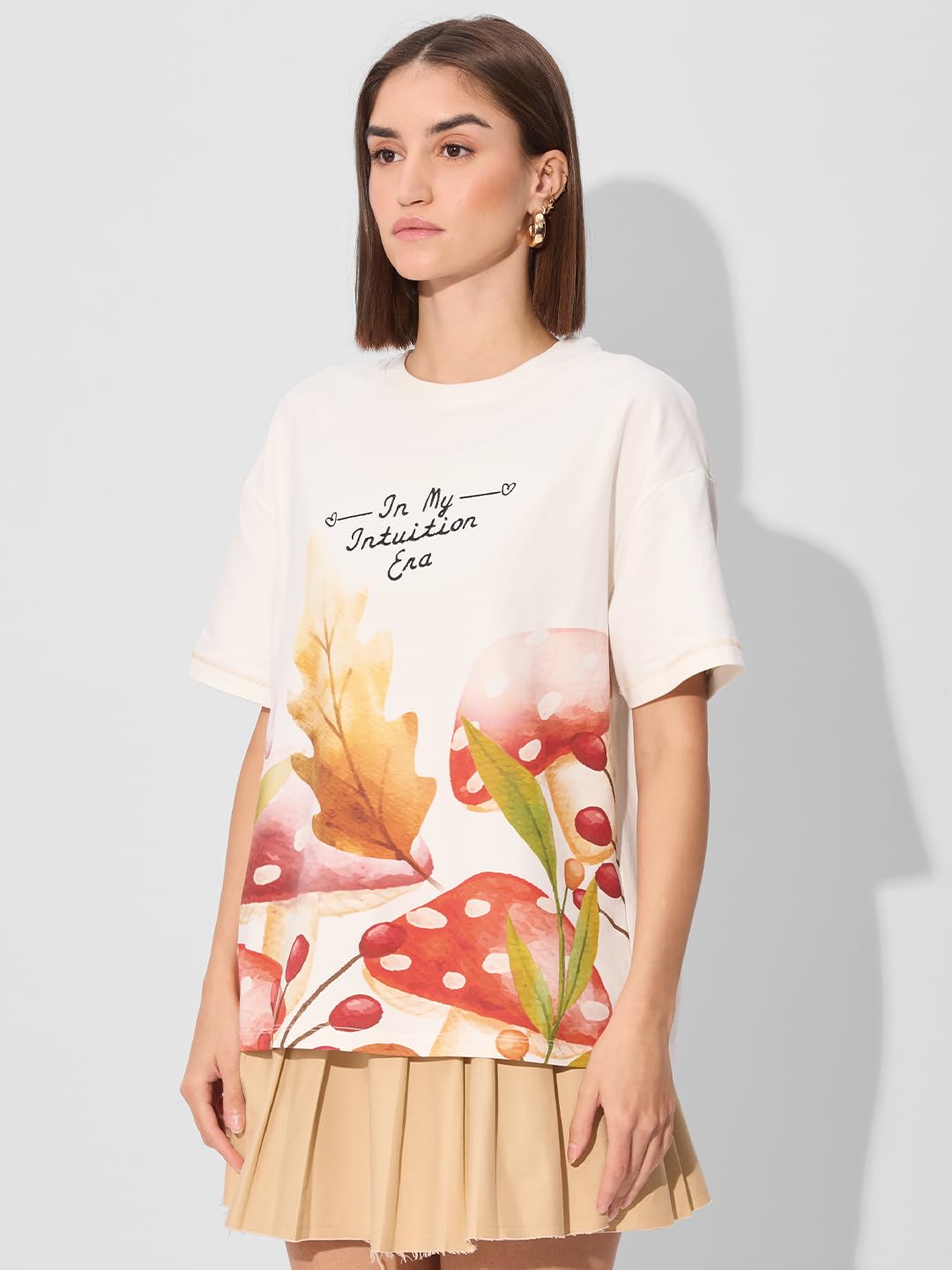 The Souled Store Shrooms Women and Girls Short Sleeve Round Embroidered Cotton Oversized T-Shirts White