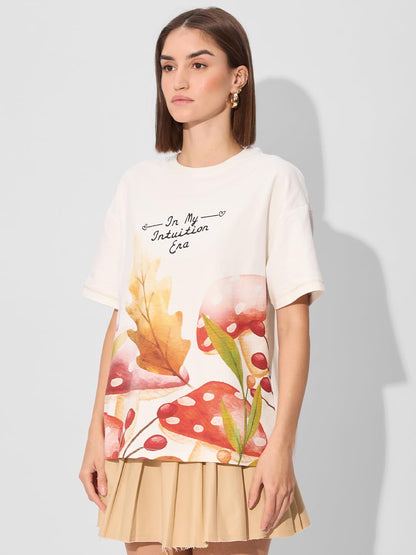 The Souled Store Shrooms Women and Girls Short Sleeve Round Embroidered Cotton Oversized T-Shirts White