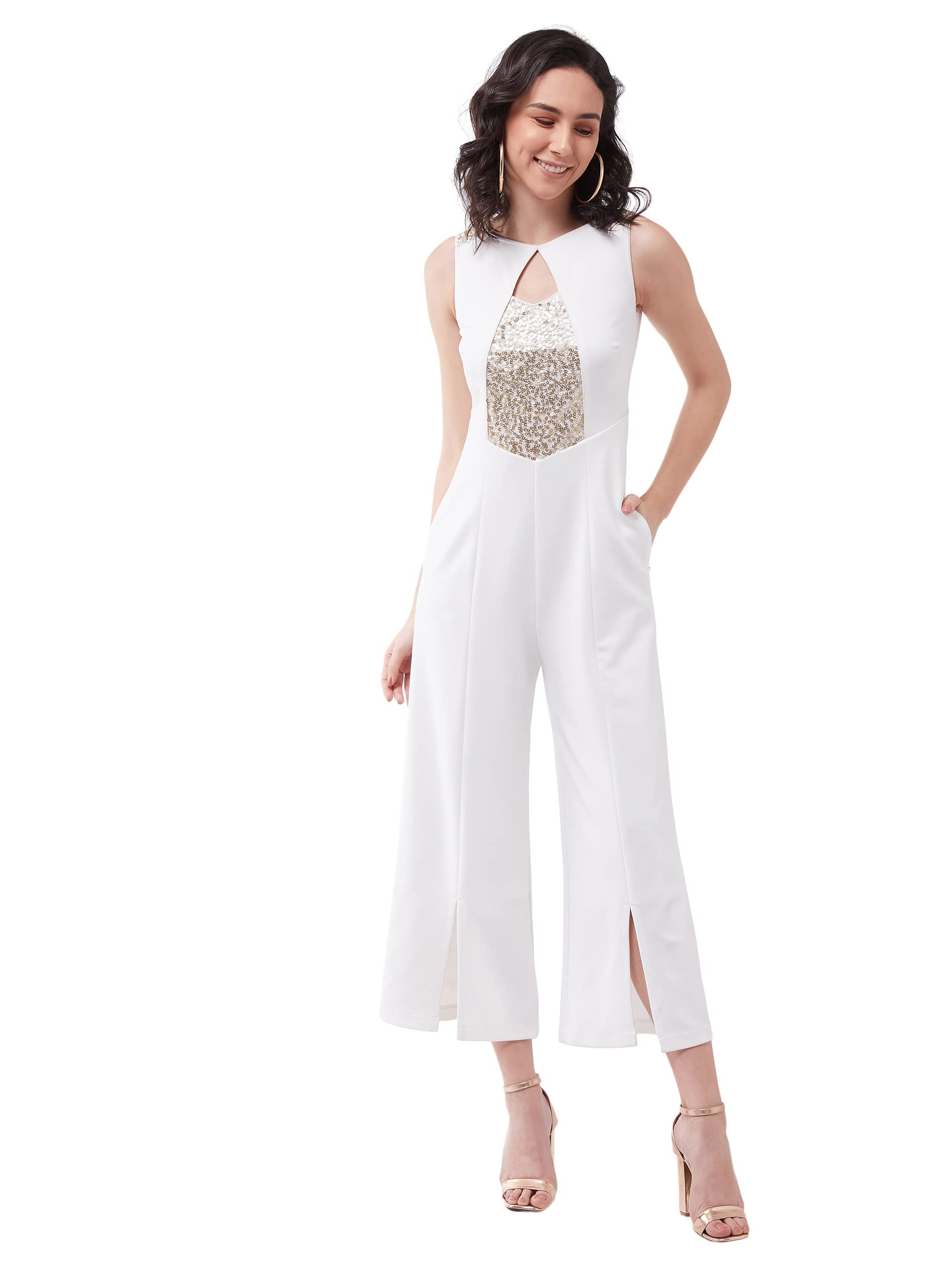 Miss Chase WomenS Off White Solid Regular Length V-Neck Sleeveless Wide Leg Embellished Jumpsuit (Mcss21D04-68-114-06,Off White