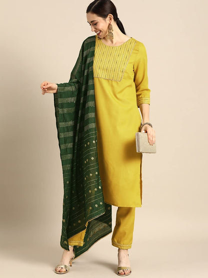GoSriKi Women's Ruby Cotton Straight Solid Kurta with Palazzo & Dupatta (SURAT Mehandi-GO)