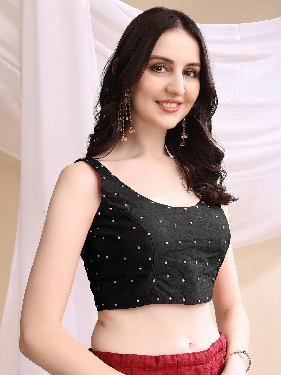 Pujia Mills Womens Square Neck Silk Sleeveless with Stone Work Readymade Blouse