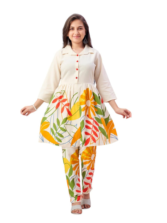 Aarika Girls Ethnic Wear Cream Colour Floral Print Khadi Cotton Kurti Pant Set -(8-15 Years)-(Kp-Tr-K-978)