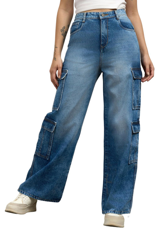 Hubberholme Women Cotton Wide Leg High-Rise Casual Jeans 56 Blue