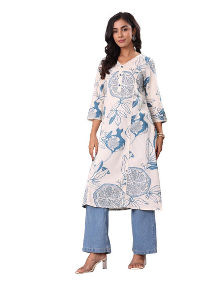 Varanga Women Bold Tropical Printed Cotton Flex Kurta  A Stylish And Comfortable Choice For Everyday Wear Off White