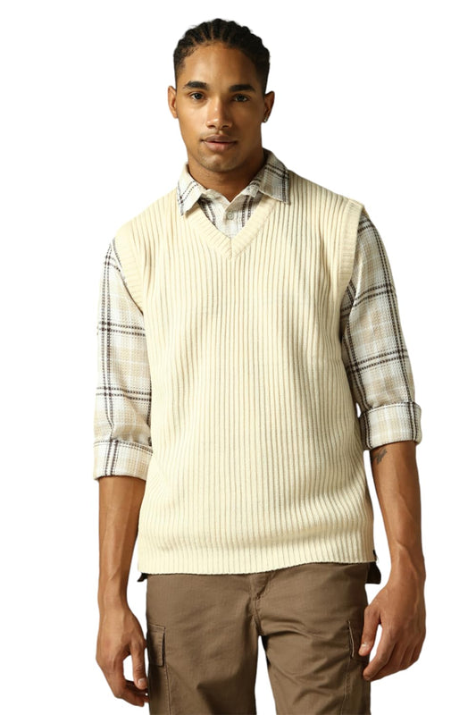 Hubberholme Men Knitted Acrylic Relaxed Fit Round Neck Sleeveless Sweaters Off White