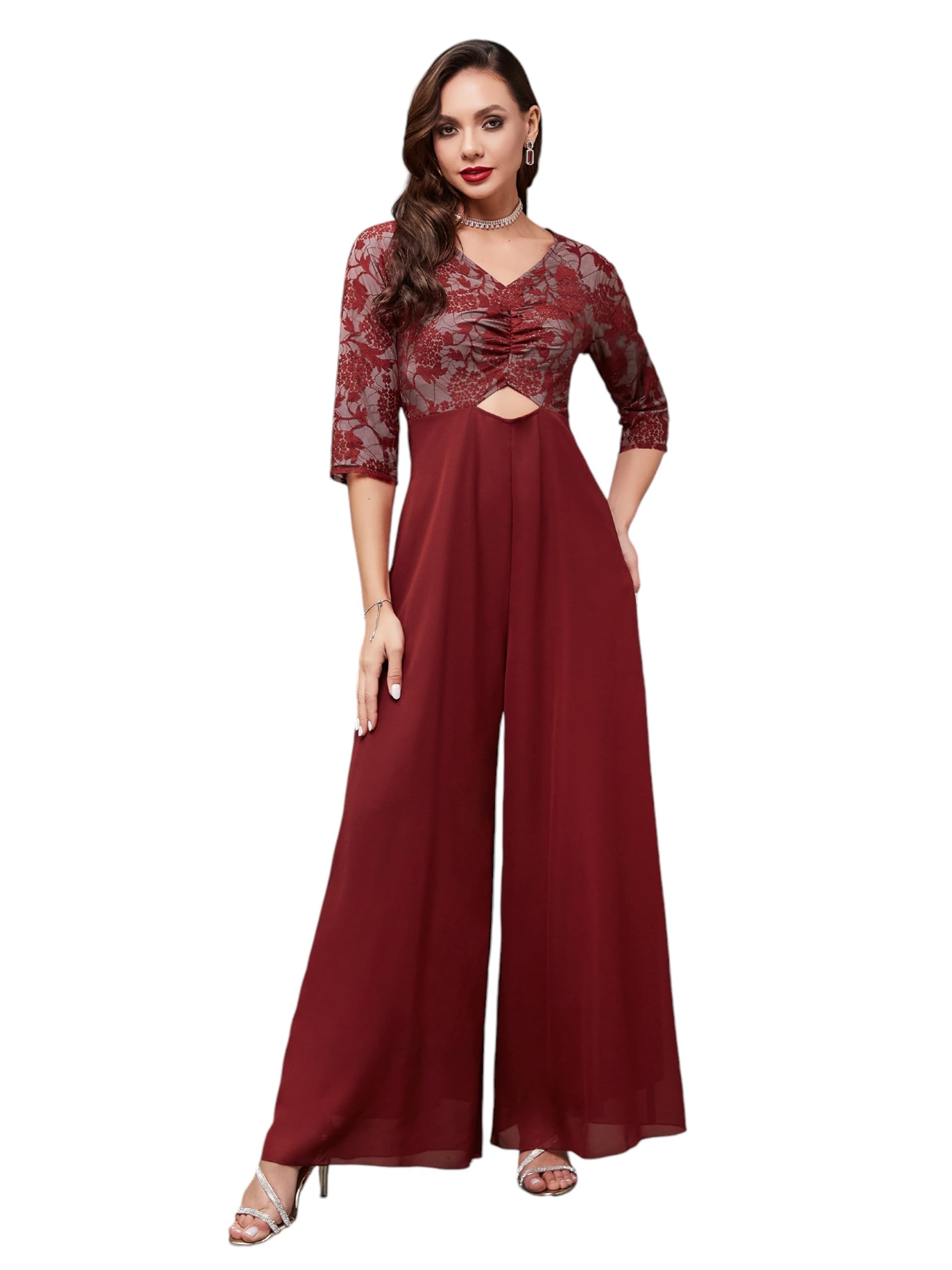 Miss Chase Womens V-Neck Full Sleeve Self Design Cut-Out Jumpsuit (MCSS24D19-40-143-03, Maroon, S)