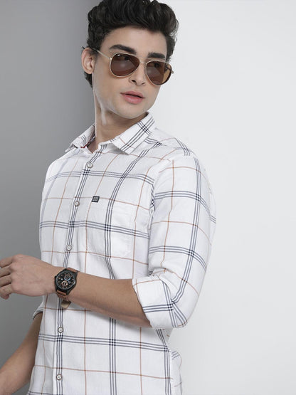 The Indian Garage Co White Regular Fit Spread Collar Checkered Long Sleeves Shirt