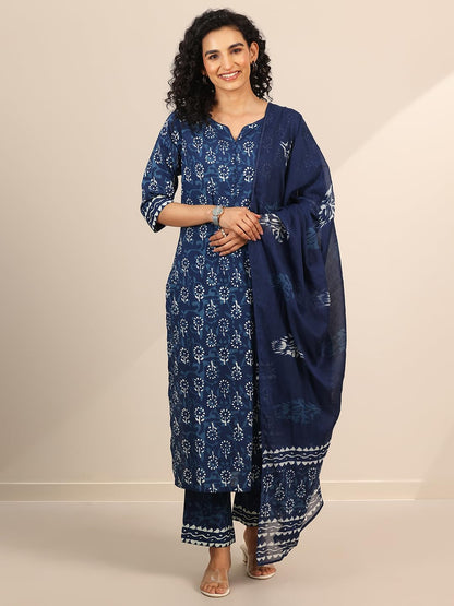 Libas WomenS Cotton Floral Kurta Set (400032Or_Blue