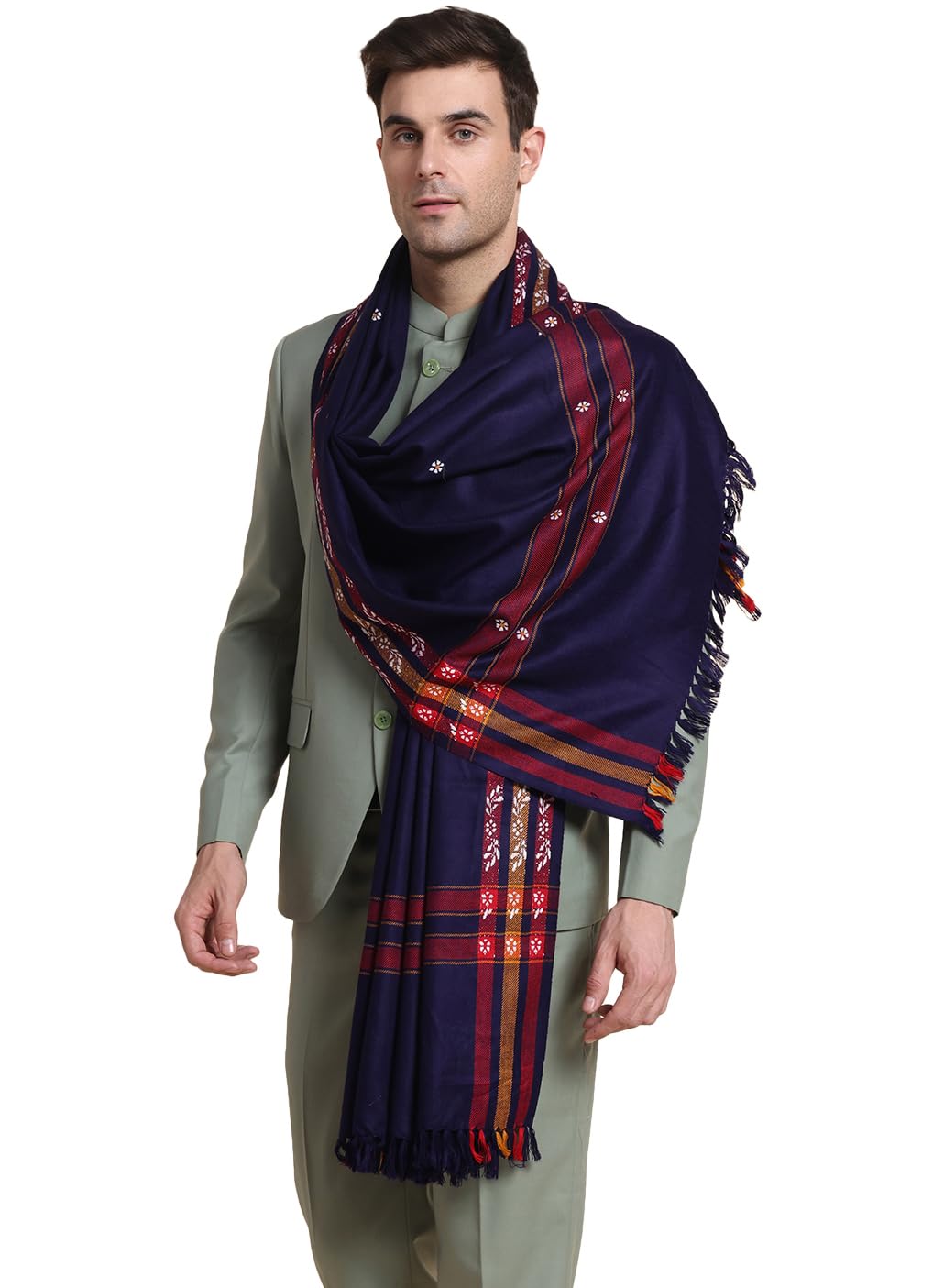 Weavers Villa Mens Acro Wool Blended Shawl - Handloom Border Pattern - Stoles for Men - Gents Shawls - Soft & Warm Wrap - Ideal