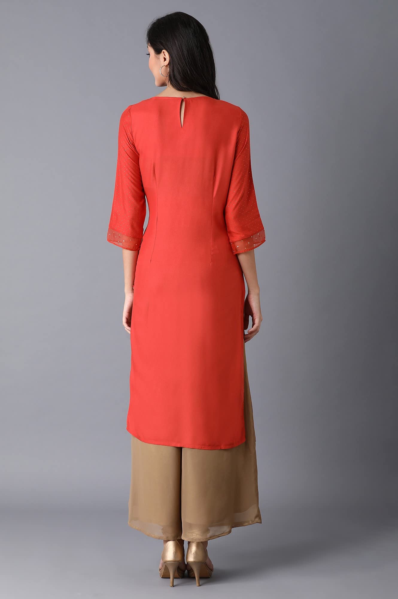 W For Woman Orange Polka Dot Glitter Regular Kurta With Metallic Embroidery