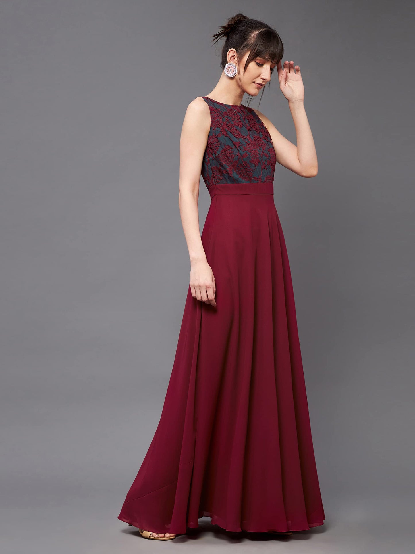Miss Chase WomenS Round Neck Sleeveless Georgette Floral Lace Fit & Flare Maxi Dress Maroon