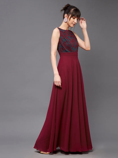 Miss Chase WomenS Round Neck Sleeveless Georgette Floral Lace Fit & Flare Maxi Dress Maroon
