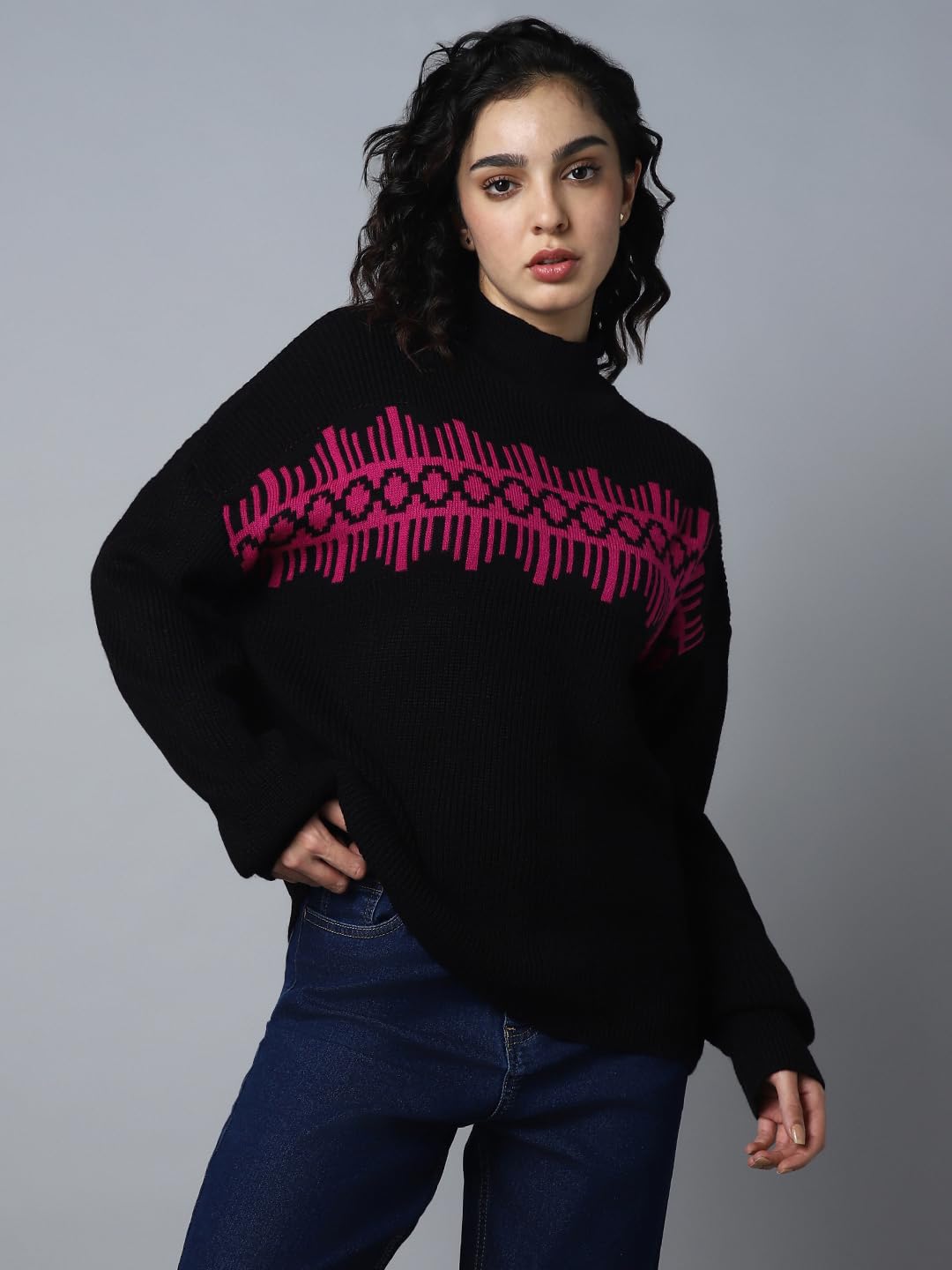 High Star WomenS Acrylic Round Neck Pullover Sweater (Hswsww23010_Bk_Black
