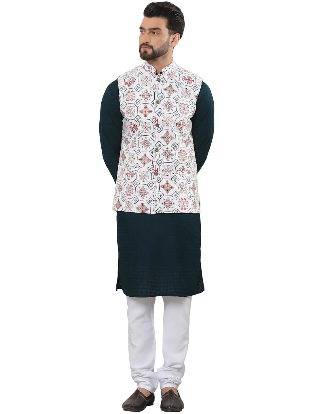 SOJANYA (Since 1958 Men's Pure Cotton Brown Kurta and White Pyjama with Printed Cream Nehru Jacket