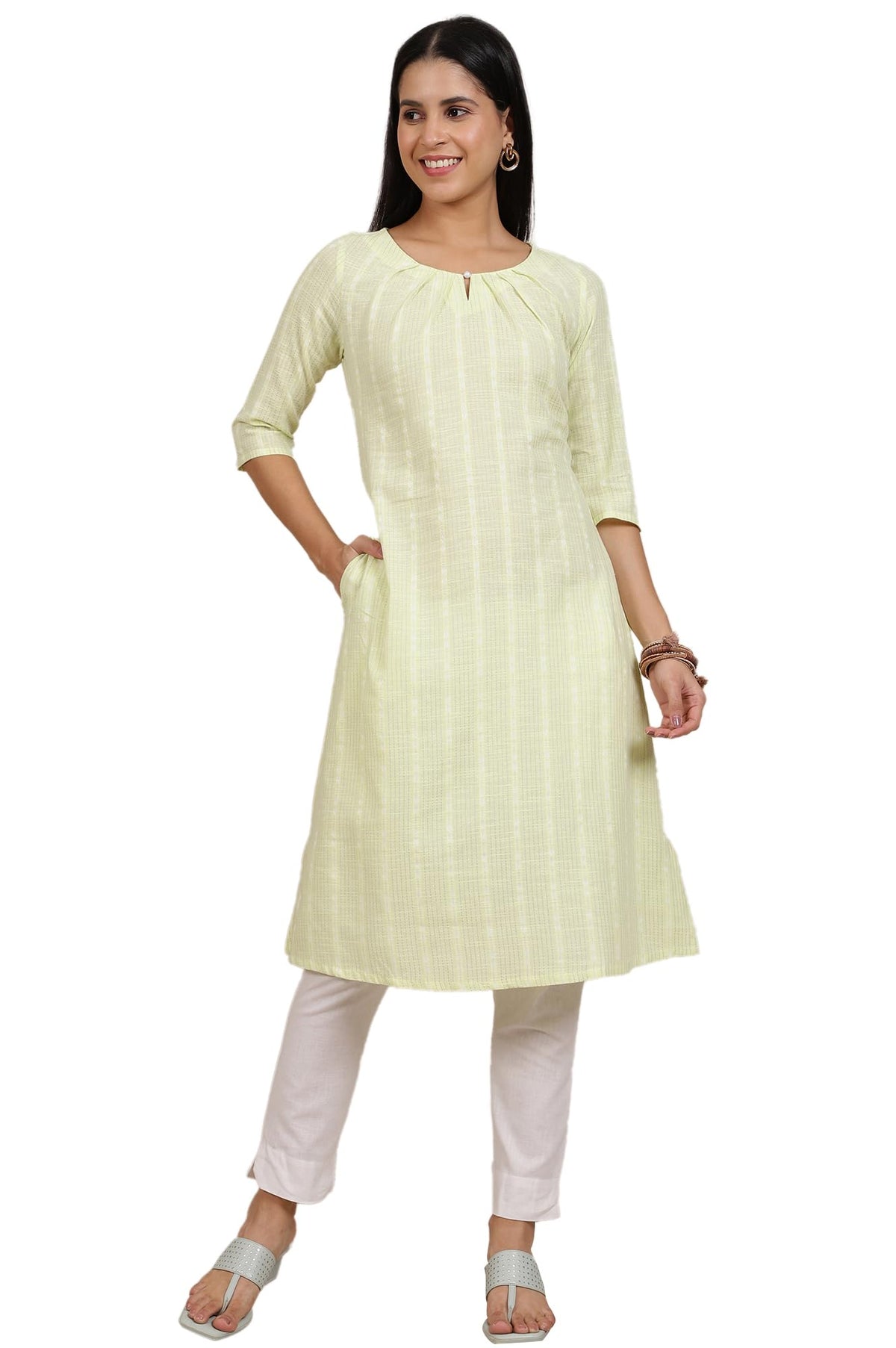 Aurelia Womens Green Yarn Dyed Cotton Blend Flarred Kurta (Size: L)-A15636-704816