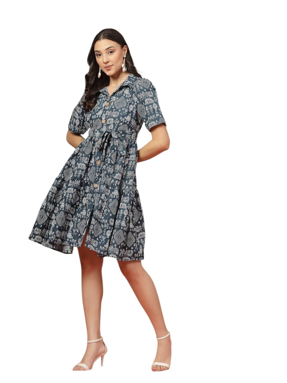 Stylum Womens Bagru Printed Cotton Flared Dress Blue
