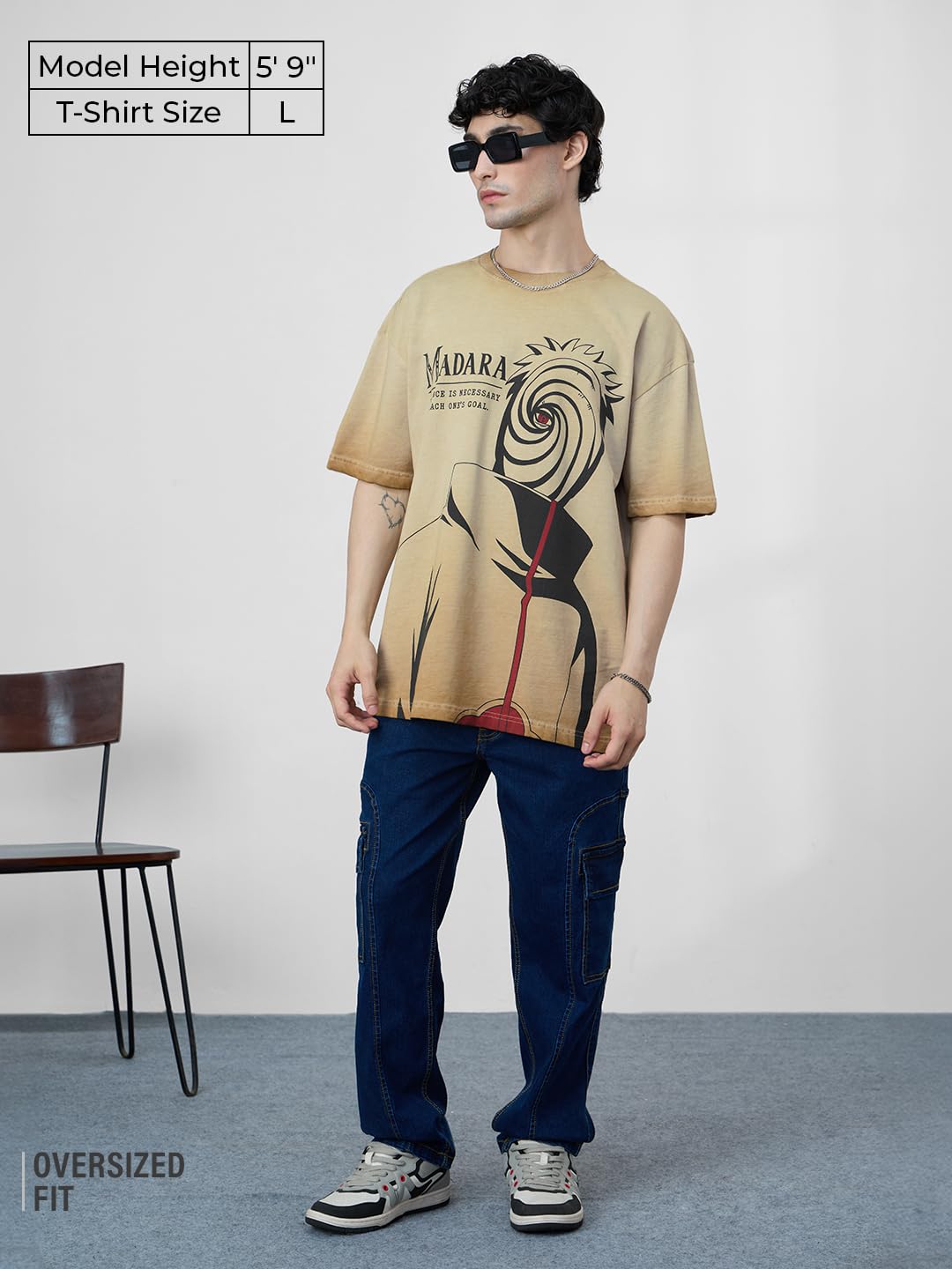 The Souled Store Naruto Shippuden: Madaras Disguise Men and Boys Short Sleeves Round Neck Beige Graphic Printed Cotton Oversized