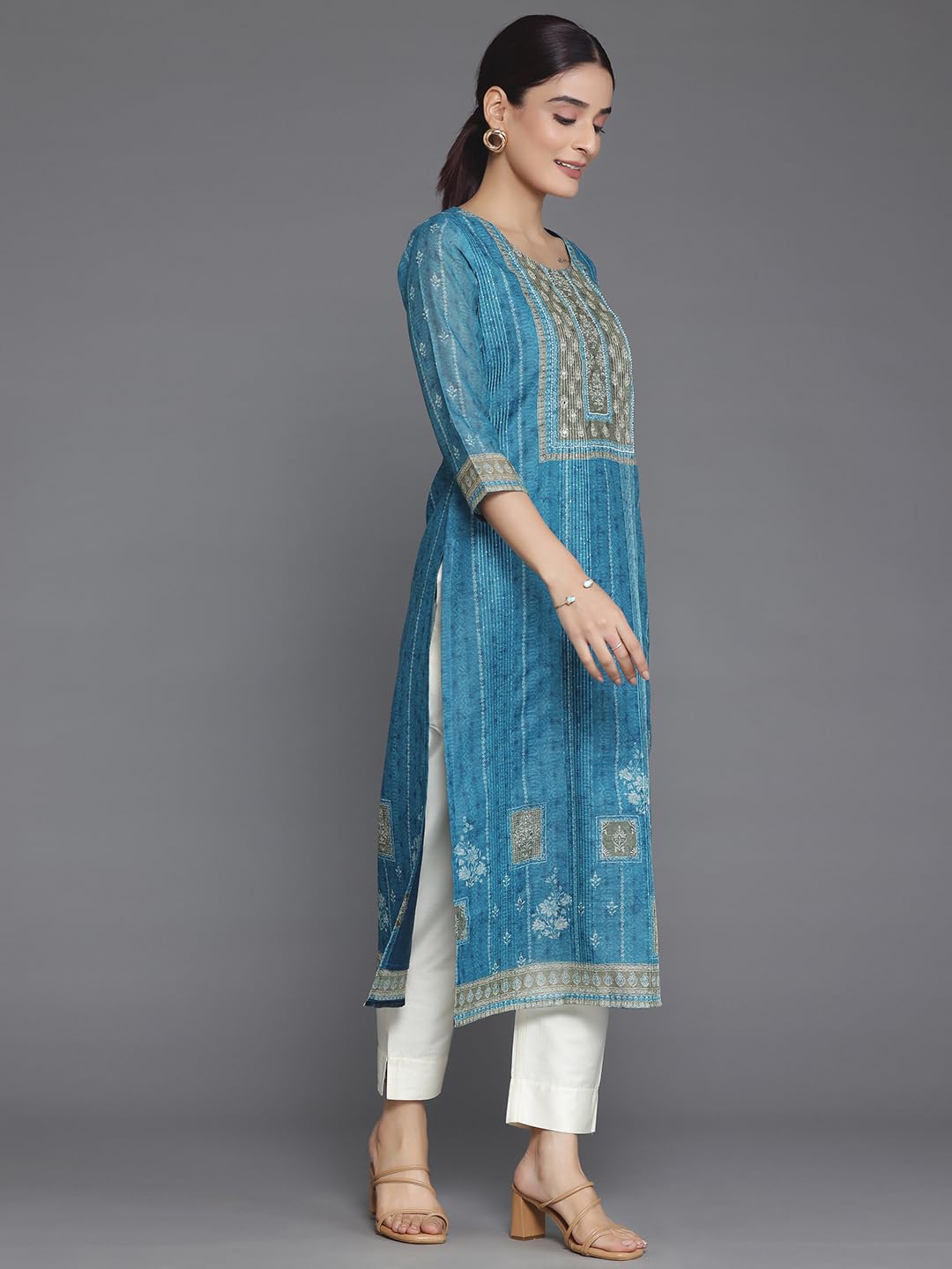 Libas WomenS Chanderi Silk Embellished Straight Kurta (37043_Blue