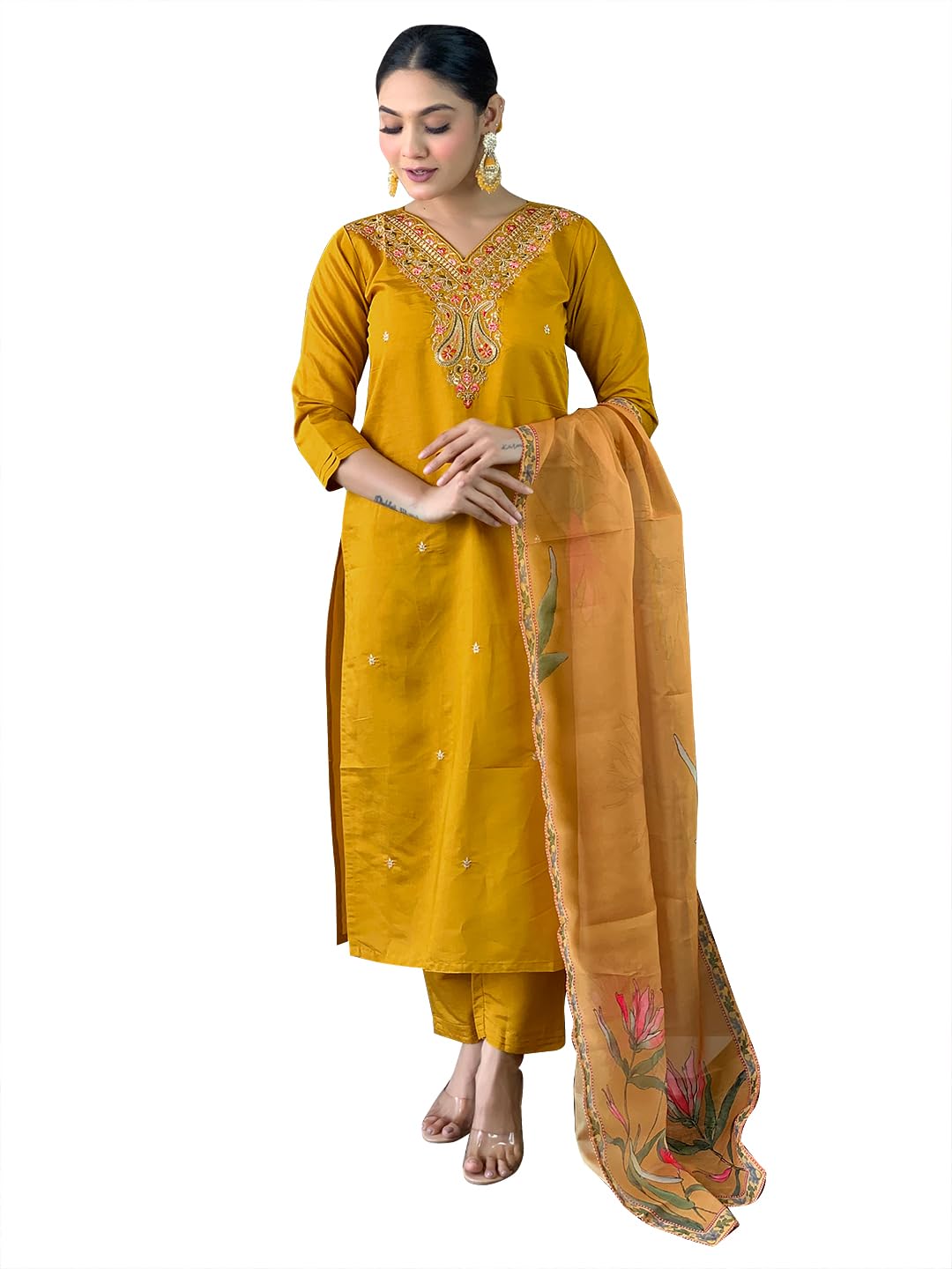 Naixa WomenS Mustard Viscose Silk Embroidered Straight Kurta With Viscose Silk Pant And Organza Printed Dupatta Sets (Nx-S-Gaur