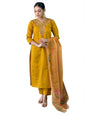 Naixa WomenS Mustard Viscose Silk Embroidered Straight Kurta With Viscose Silk Pant And Organza Printed Dupatta Sets (Nx-S-Gaur