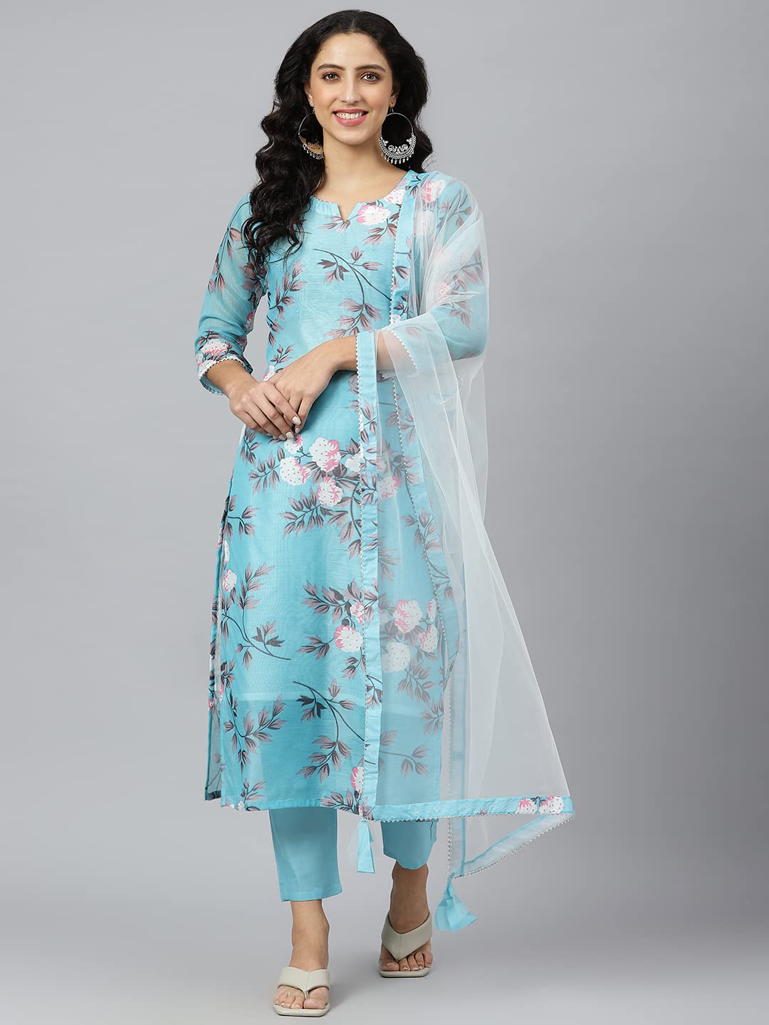 ANNI DESIGNER Women's Cotton Blend Printed Straight Kurta with Pant & Dupatta (Itta)