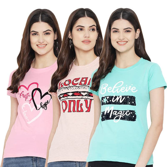 Preneum Womens Cotton Regular Fit Latest Graphic Stylish Printed Short Sleeves Casual T-Shirt || Trend & Styles (Pack 3), Pink