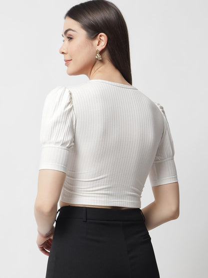 POPWINGS Casual Puff-Sleeves Ribbed Crop Top for Women || Sweet Heart Neck Summer Crop Top for Women || Crop Tops for Women Late