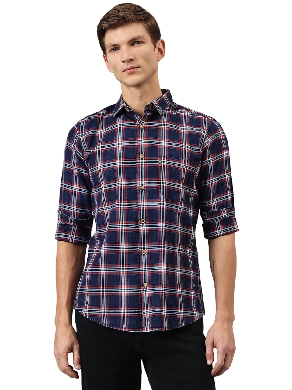 Thomas Scott Checkred Regular Fit Long Sleeve Spread Collar Casual Shirts for Mens