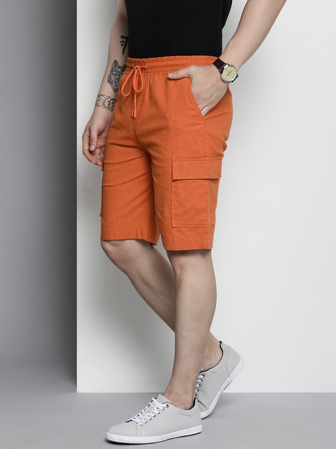 The Indian Garage Co Men Slim Fit Solid Mid-Rise Cargo Shorts Apricot Orange