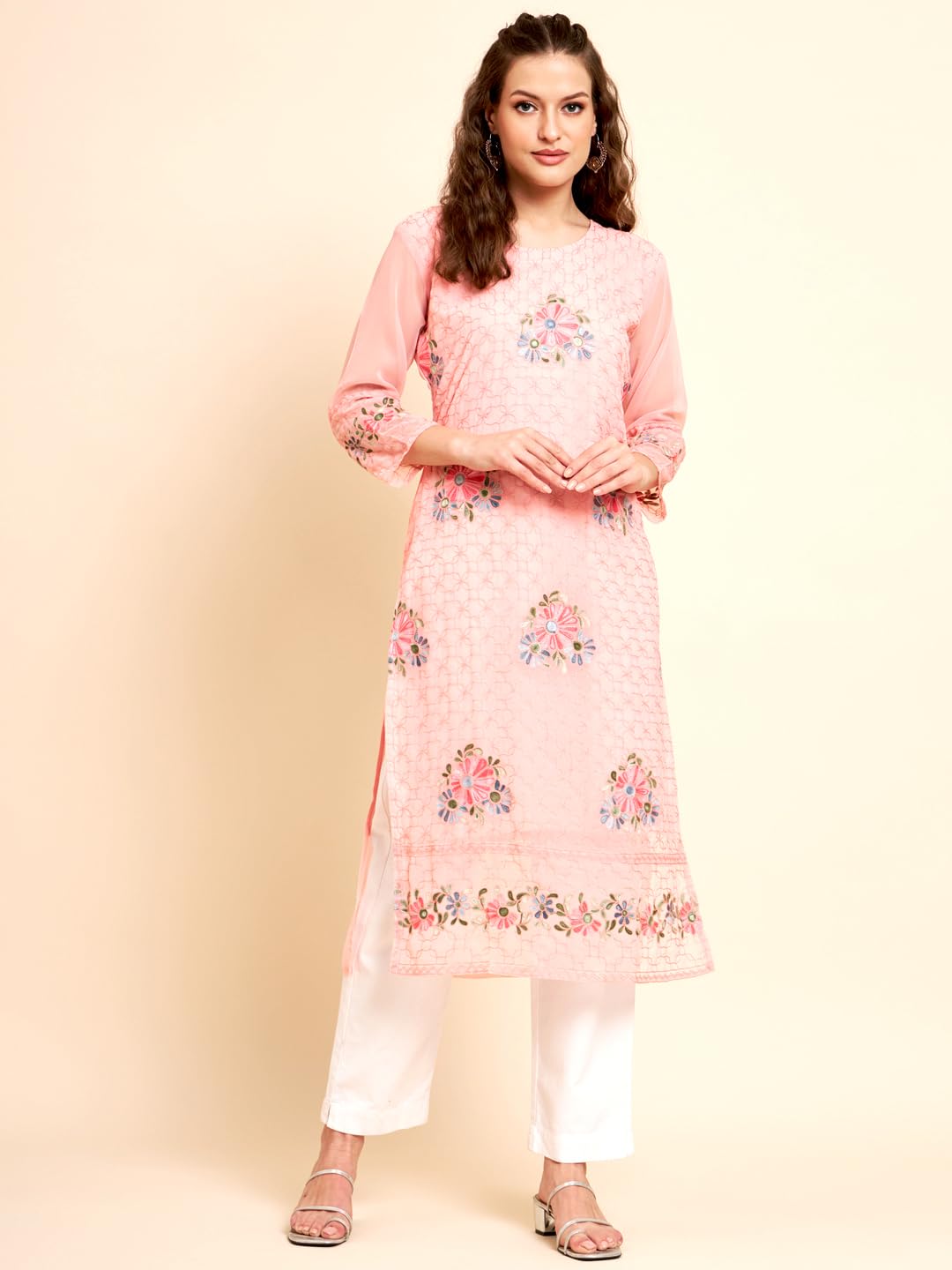 Vairagee WomenS Georgette Straight Cut Round Neck Kurta With Beautiful Floral Embroidery Thread Work (1577) Pink
