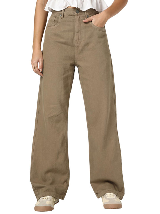 Bewakoof Womens Solid Straight Fit Pure Cotton Jeans_1004048_Brown_26