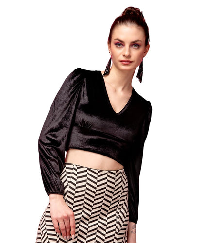 POPWINGS Casual Black Solid Velvet Crop Top for Women| Full Sleeves V-Neck & Designer Crop Top for Women